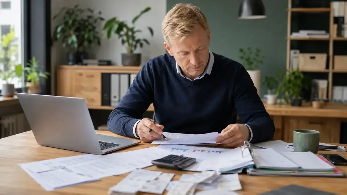 Accounting ledgers, receipts and calculation tools on a desk with clear performance chart – editorial image for “Receivables management and DSO: how businesses reduce capital tied up”.