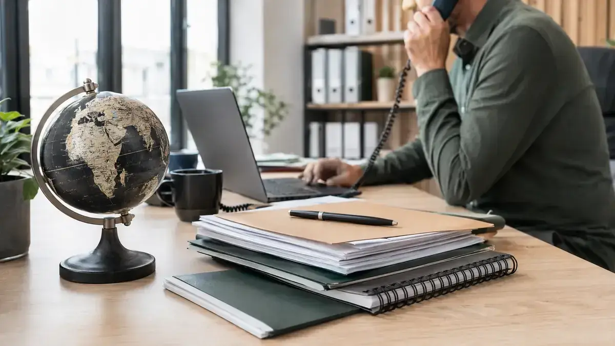Mitarbeiter im modernen Büro mit Laptop und Telefon mit Globus für grenzüberschreitende Fälle – Symbolbild zum Beitrag „Forderungsmanagement und EU-Zahlungsverzug: Stand der geplanten Neuregelung“.