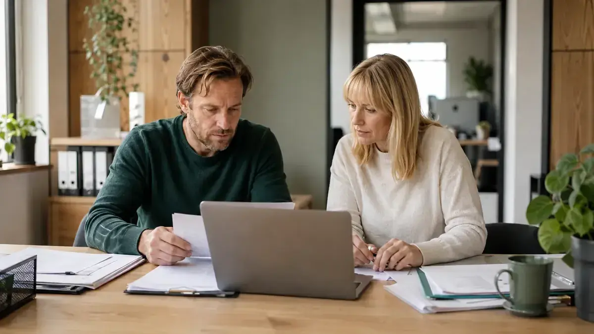 Reconciliation of an invoice with digital accounting data with clock and receivables documents – editorial image for “Receivables management and the new base interest rate: how to update systems for 2026-07-01”.