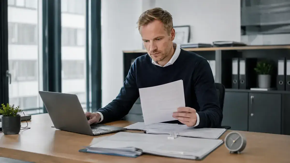 Abgleich einer Rechnung mit digitalen Buchungsdaten mit Uhr und Forderungsunterlagen – Symbolbild zum Beitrag „Inkasso 2026: Was der neue Basiszinssatz von 1,52 % für Verzugszinsen bedeutet“.
