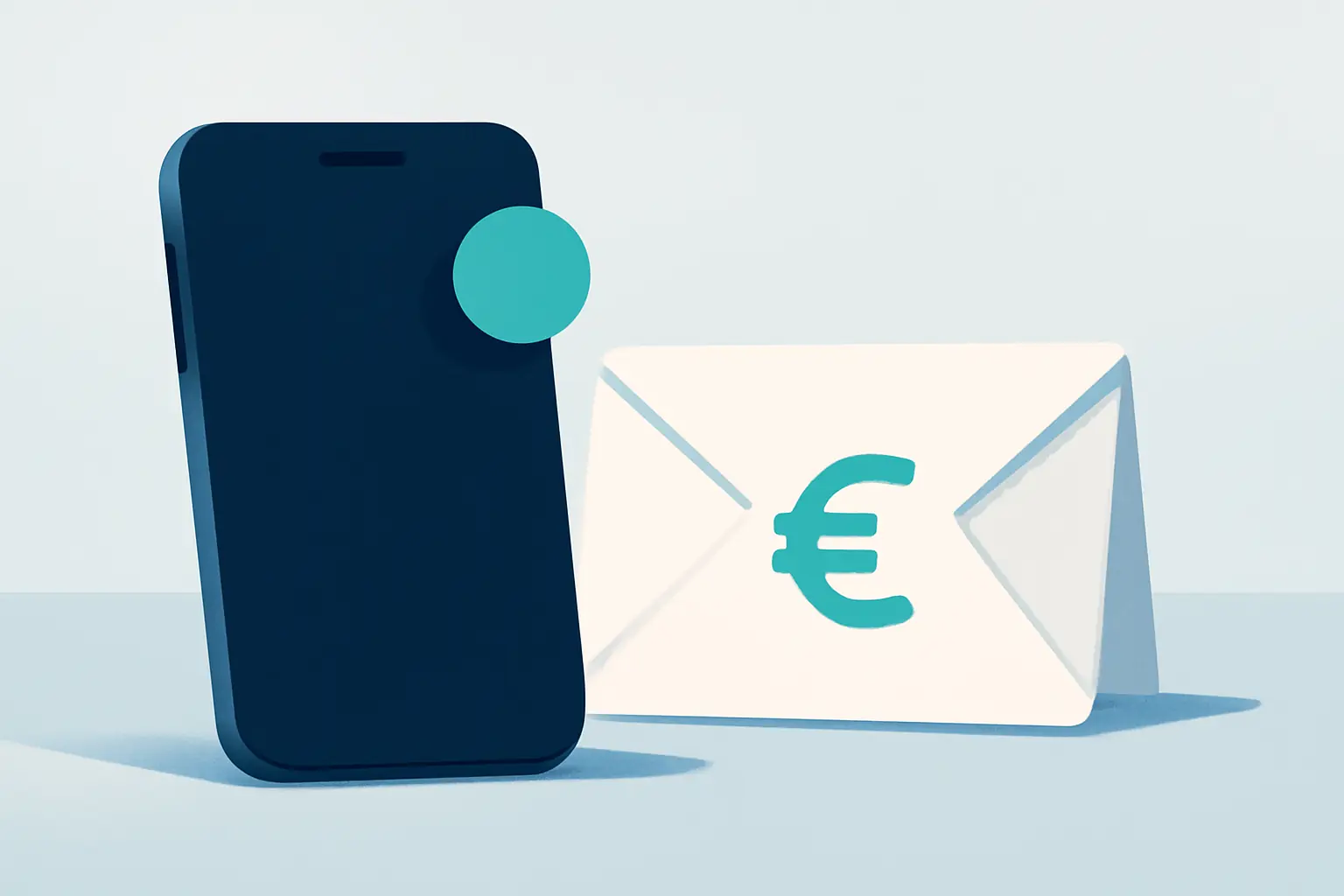 Smartphone und Briefumschlag auf ruhiger Fläche mit mintgrünem Hinweispunkt – Symbolbild zum Thema Inkasso