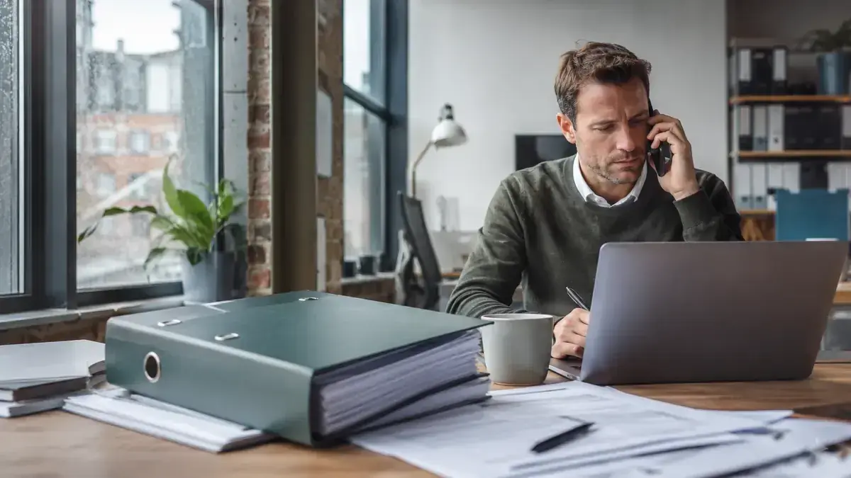 Mitarbeiter im modernen Büro mit Laptop und Telefon mit geordnetem digitalen Forderungsordner.