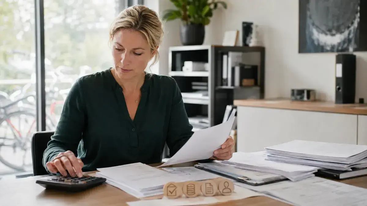 Taschenrechner, Belege und Finanzunterlagen mit geordneten Münzsymbolen – Symbolbild zum Beitrag „Inkasso bei Kleinstforderungen: Wann sich konsequentes Handeln lohnt“.
