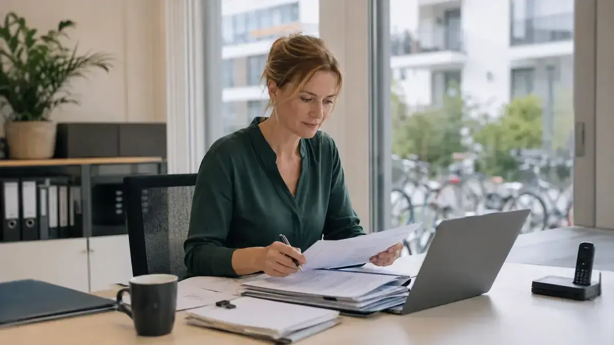 moderne Wohn- und Gewerbeimmobilie mit Immobilien- und Zahlungssymbol – Symbolbild zum Beitrag „Inkasso bei Mietforderungen: Dokumentation, Fristen und Eskalationsstufen“.