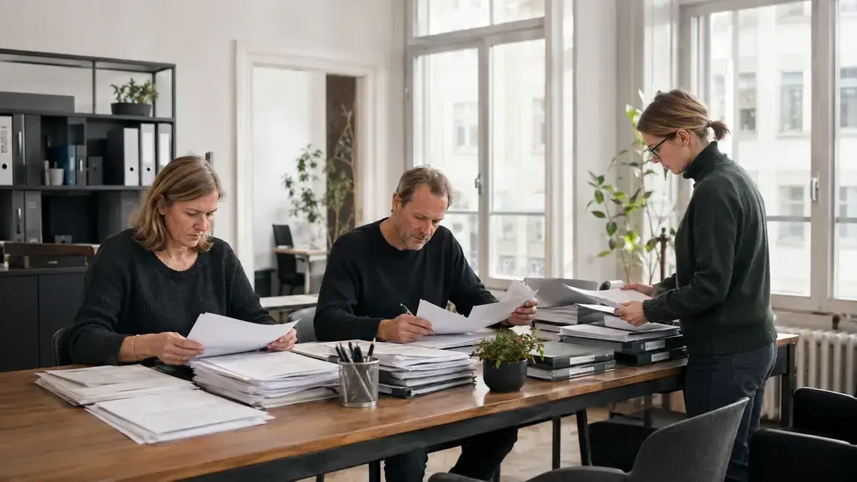 sortierte Rechnungen und Geschäftsunterlagen mit Warnsymbol und Unternehmensunterlagen – Symbolbild zum Beitrag „Inkasso bei steigenden Unternehmensinsolvenzen: Lehren aus den April-Zahlen 2026“.