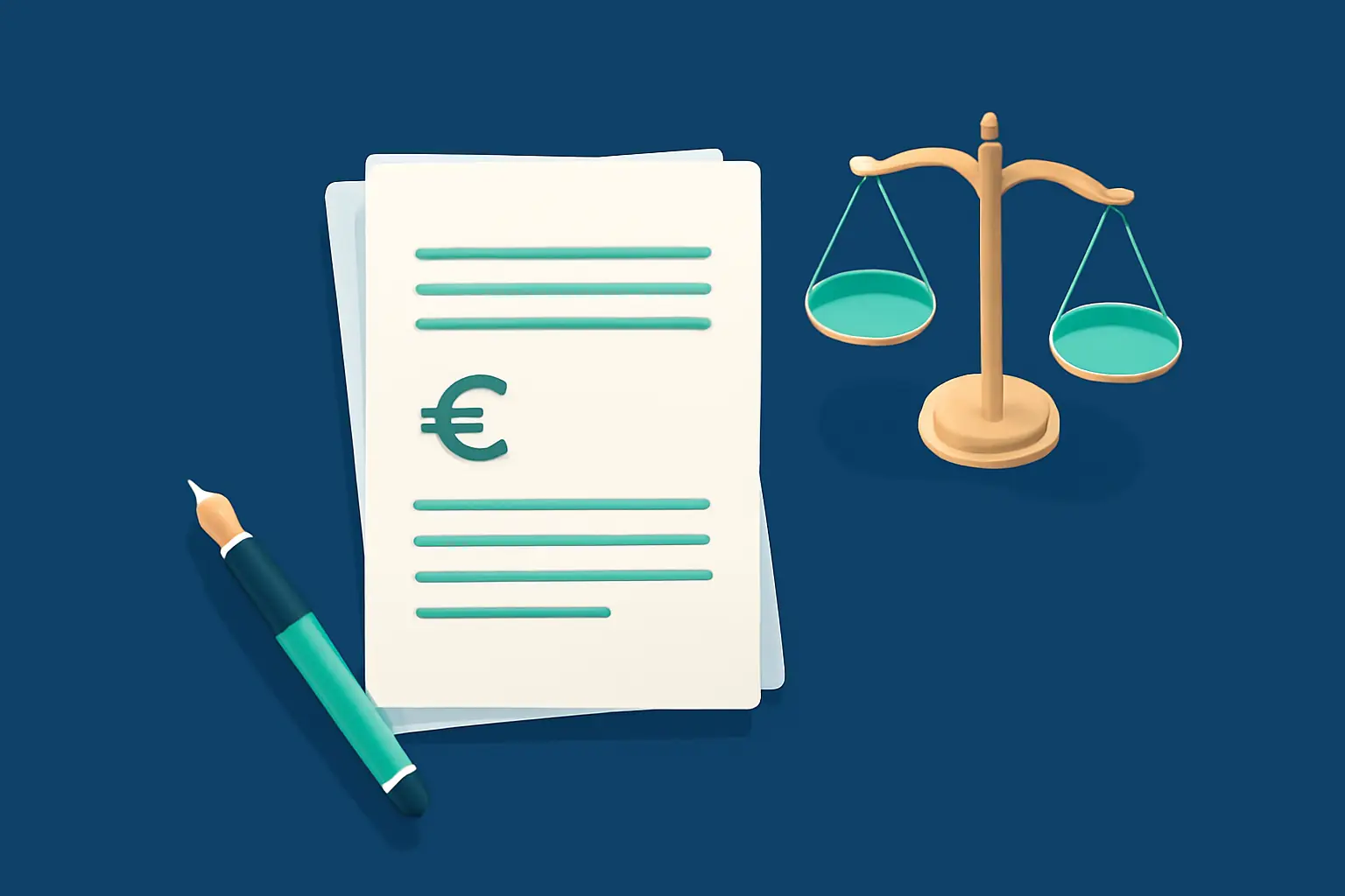 Desk from above with a stack of documents, a fountain pen and a small scale – illustration for the topic Debt collection