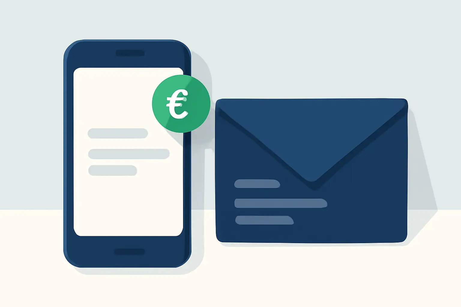 A smartphone and an envelope on a calm surface with a mint notification dot – illustration for the topic Debt collection