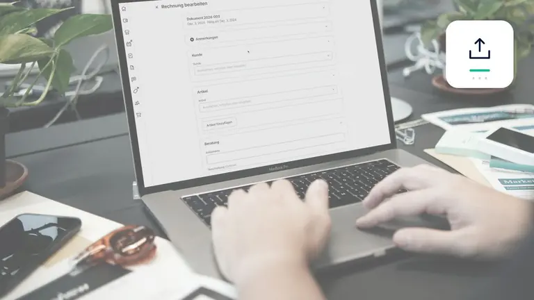 Gestión digital de facturas en un portátil con carga digital segura – imagen editorial para «Cobro de deudas encargo digital: desde la carga de documentos hasta la entrada del pago».