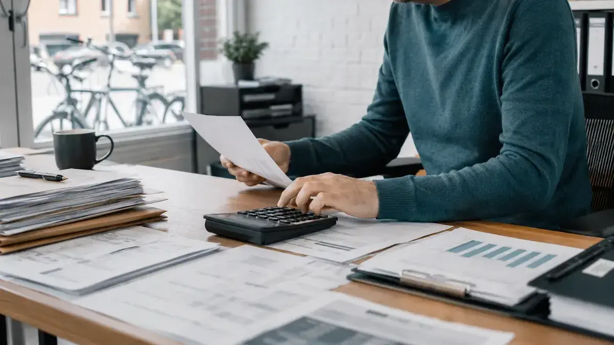 Taschenrechner, Belege und Finanzunterlagen mit klarer Kennzahlen-Grafik – Symbolbild zum Beitrag „Inkasso-Fälle priorisieren: Ein Scoring-Modell für Alter, Betrag und Ausfallrisiko“.