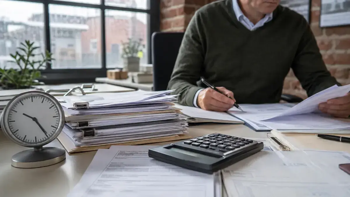 Calculadora, justificantes y documentos financieros con reloj y documentos de cobro.
