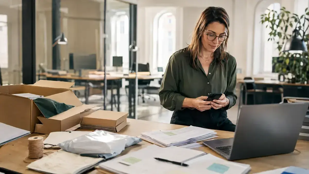 Mitarbeiterin mit Smartphone in einem transparenten modernen Büro mit Onlinehandel- und Zahlungssymbol – Symbolbild zum Beitrag „Inkasso für Online-Shops: Was bei Warenlieferung, Retouren und Chargebacks zählt“.