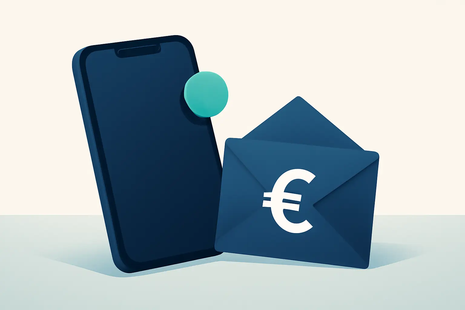 A smartphone and an envelope on a calm surface with a mint notification dot – illustration for the topic Debt collection