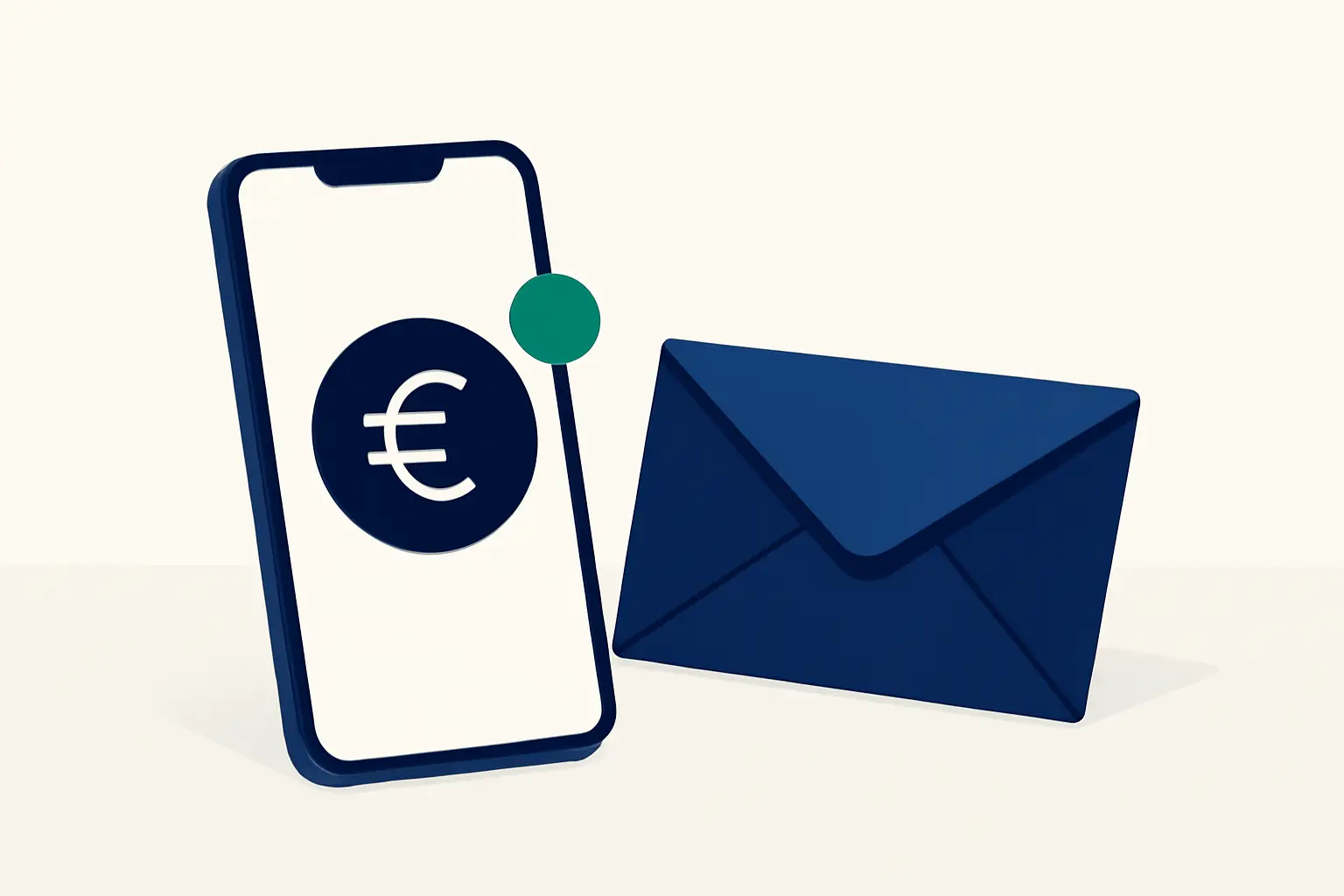A smartphone and an envelope on a calm surface with a mint notification dot – illustration for the topic Debt collection
