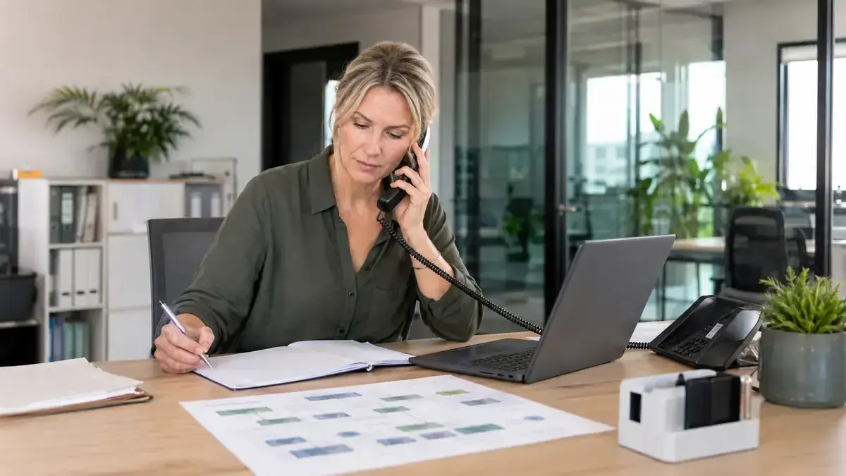 Mitarbeiter im modernen Büro mit Laptop und Telefon mit strukturiertem Prozessdiagramm – Symbolbild zum Beitrag „Inkasso für Unternehmen als Dauerbeauftragung: Prozesse, Rollen und Service-Level“.