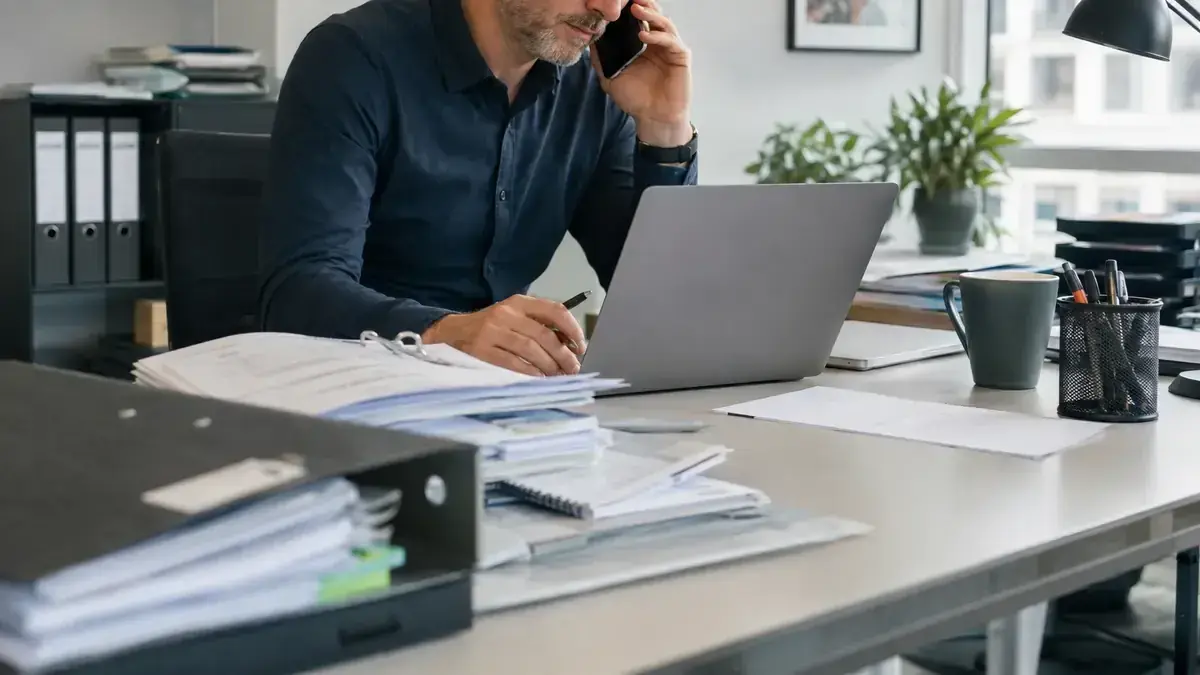 Professional in a modern office with a laptop and phone with review and quality symbol – editorial image for “Selecting business debt collection: 15 checkpoints for a reputable provider”.