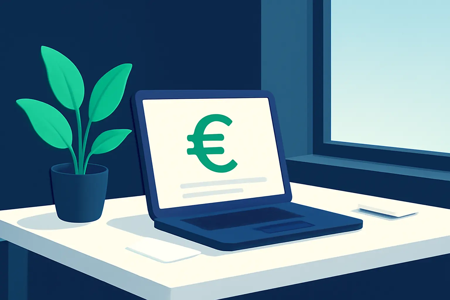 Ruhige Büroecke mit Laptop, Pflanze und breitem Fenster – Symbolbild zum Thema Inkasso für Unternehmen