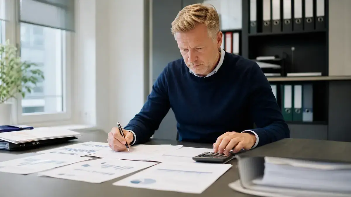 Finanzkennzahlen, Diagramme und ein Taschenrechner mit Warnsymbol und Unternehmensunterlagen – Symbolbild zum Beitrag „Inkasso für Unternehmen bei Kundeninsolvenz: Was vor und nach dem Antrag zu tun ist“.