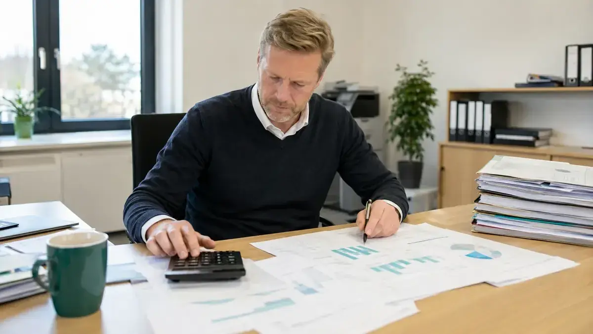 Finanzkennzahlen, Diagramme und ein Taschenrechner mit Warnsymbol und Unternehmensunterlagen – Symbolbild zum Beitrag „Inkasso für Unternehmen bei steigenden Insolvenzen: Frühwarnsignale im Debitorenbestand“.