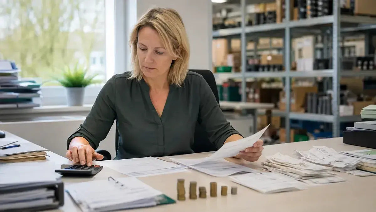 Taschenrechner, Belege und Finanzunterlagen mit geordneten Münzsymbolen.