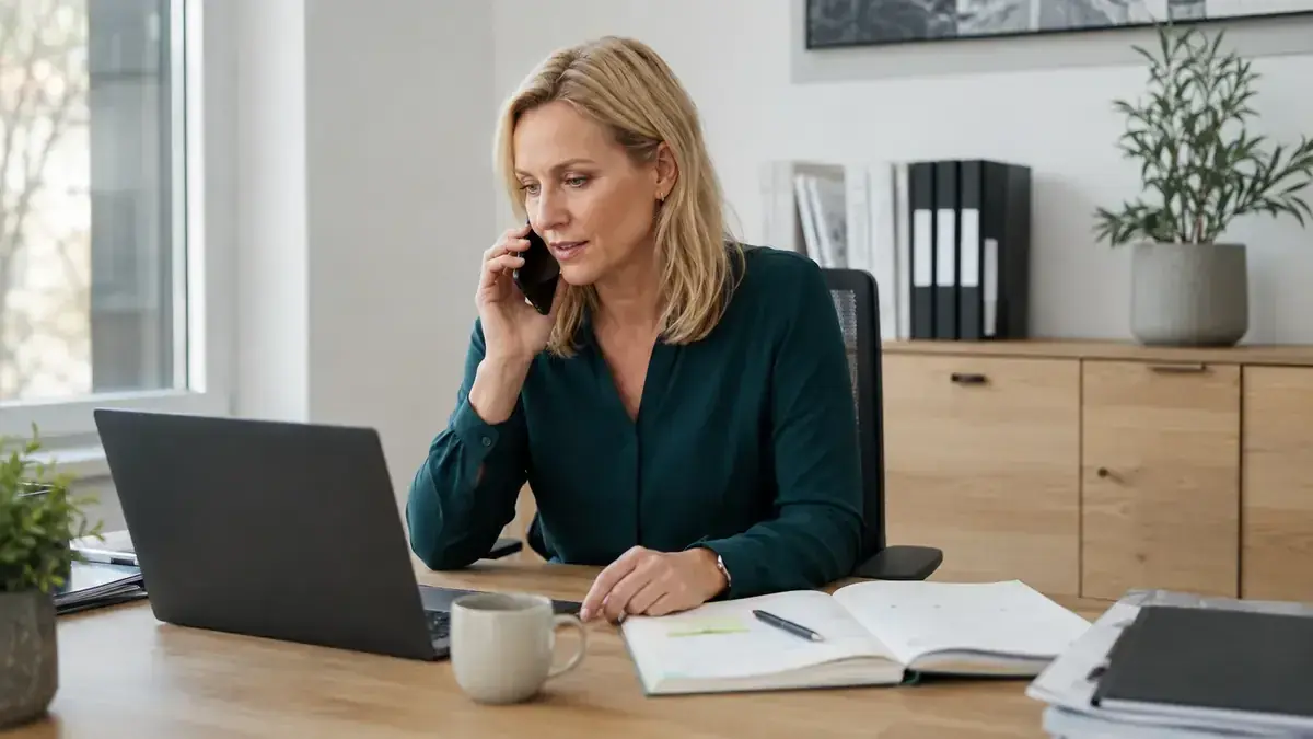 Unternehmer im telefonischen Austausch am Laptop mit Kalender und Fristmarkierung – Symbolbild zum Beitrag „Inkasso für Unternehmen: Der optimale Prozess ab dem ersten Tag nach Fälligkeit“.