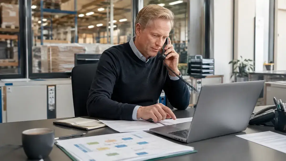 Professional in a modern office with a laptop and phone with structured workflow diagram – editorial image for “Business debt collection implementation: a 90-day plan from pilot case to regular operation”.