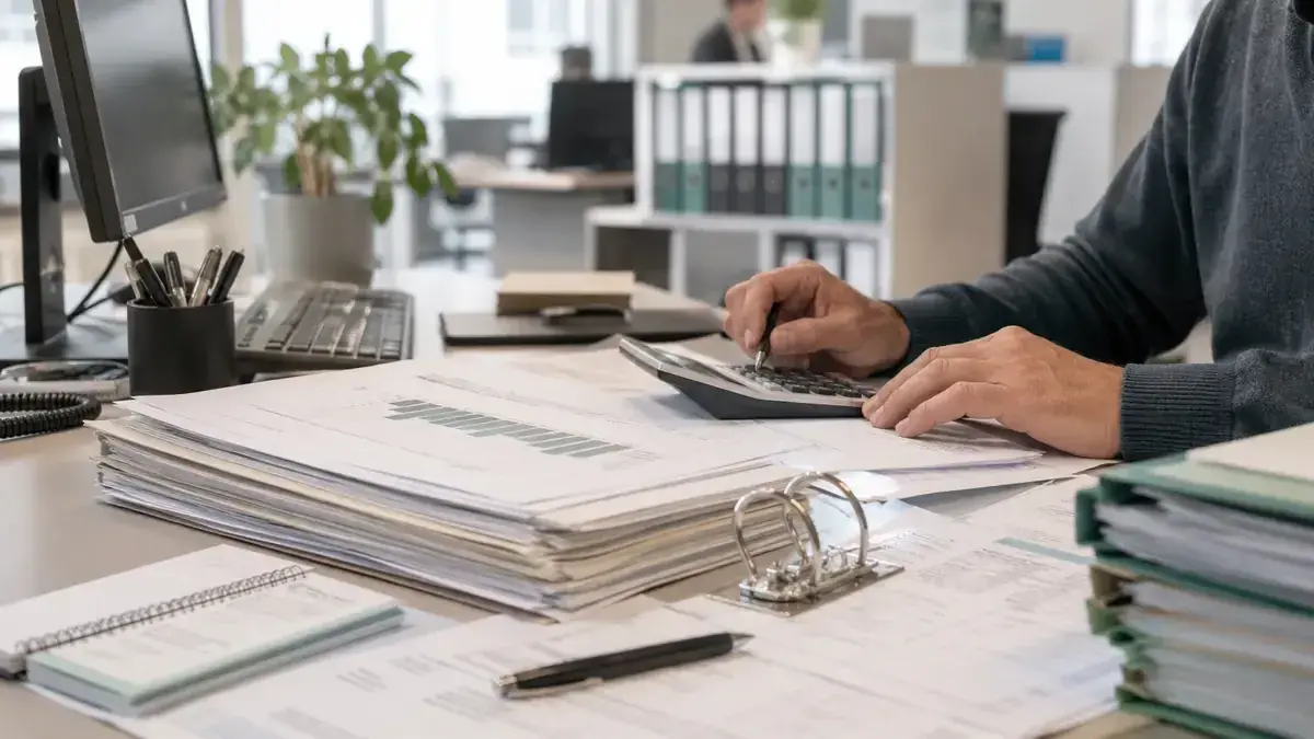 Calculator, receipts and financial records with clear performance chart – editorial image for “Business debt collection: how to segment receivables portfolios by risk”.