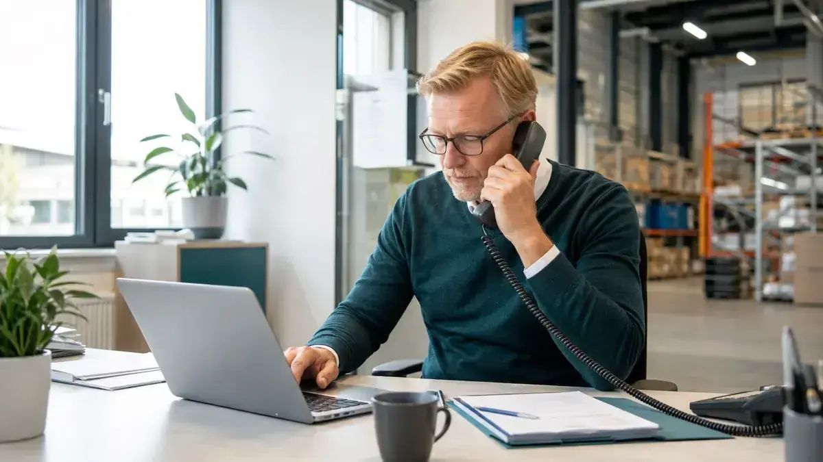 Mitarbeiter im modernen Büro mit Laptop und Telefon mit Unternehmenssymbol – Symbolbild zum Beitrag „Inkasso für Unternehmen gegenüber öffentlichen Auftraggebern: Besonderheiten bei Zahlungsfristen“.