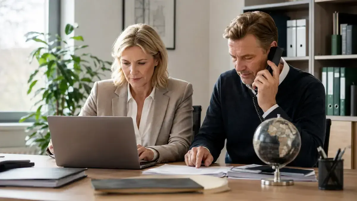 Mitarbeiter im modernen Büro mit Laptop und Telefon mit Globus für grenzüberschreitende Fälle.