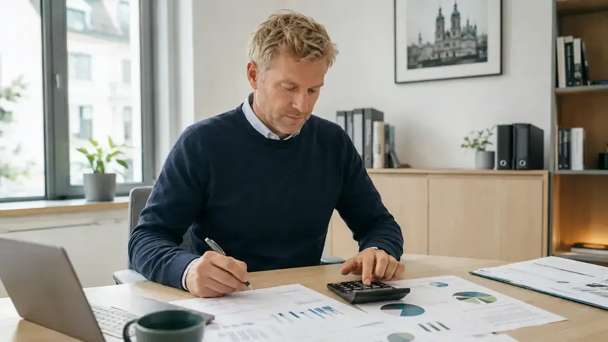 Finanzkennzahlen, Diagramme und ein Taschenrechner mit Unternehmenssymbol – Symbolbild zum Beitrag „Inkasso für Unternehmen im B2B- und B2C-Vergleich“.