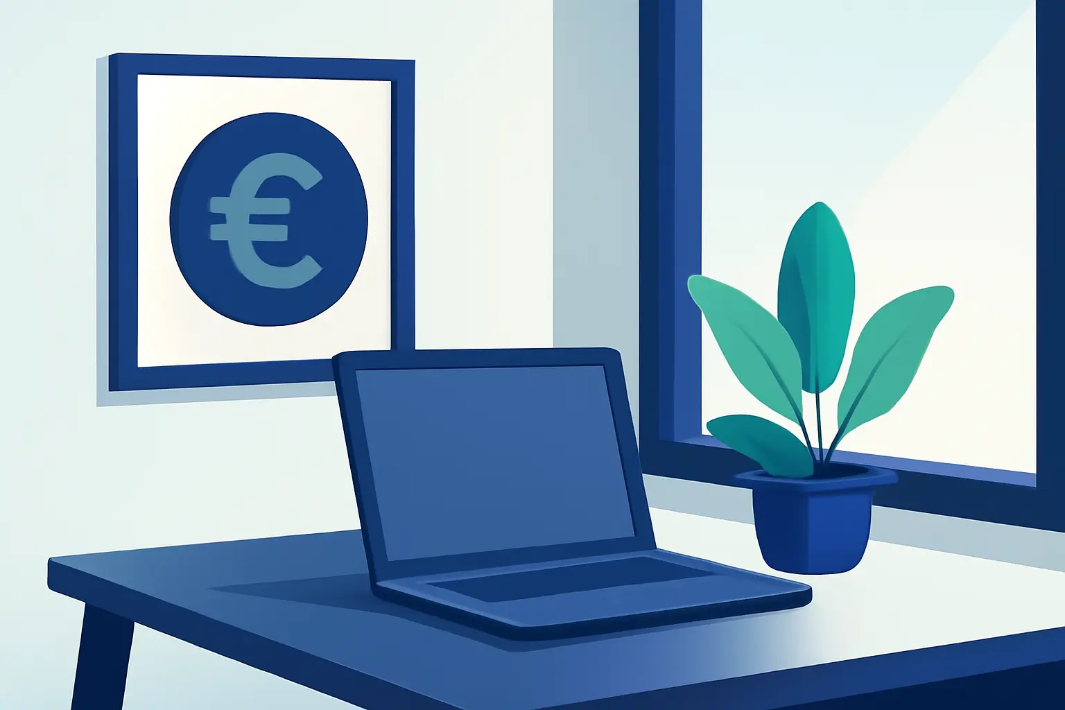 Un rincón de oficina tranquilo con portátil, planta y ventana amplia – imagen sobre el tema Cobro para empresas
