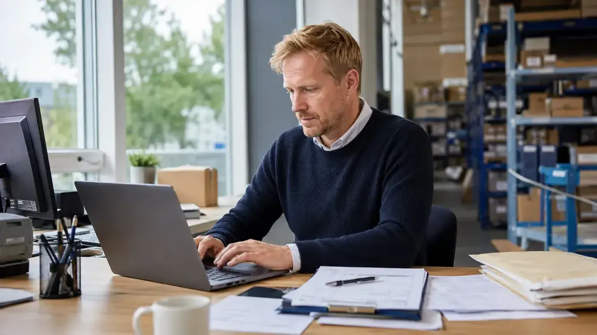 digitale Rechnungserfassung an einem Laptop mit Onlinehandel- und Zahlungssymbol.