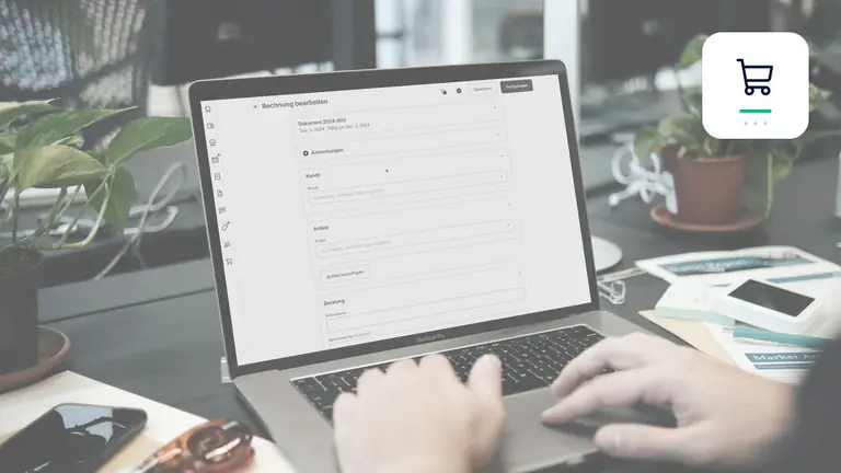 Digital invoice processing on a laptop with online retail and payment symbol – editorial image for “Business debt collection im e-commerce: how to document orders, returns and payment methods cleanly”.