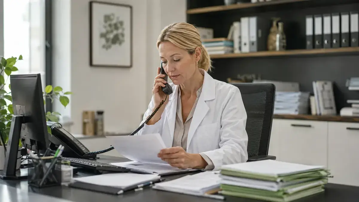 Ärztin im geschützten telefonischen Austausch am Arbeitsplatz mit Gesundheits- und Datenschutzsymbol – Symbolbild zum Beitrag „Inkasso für Unternehmen im Gesundheitswesen: Abrechnungsunterlagen vollständig halten“.