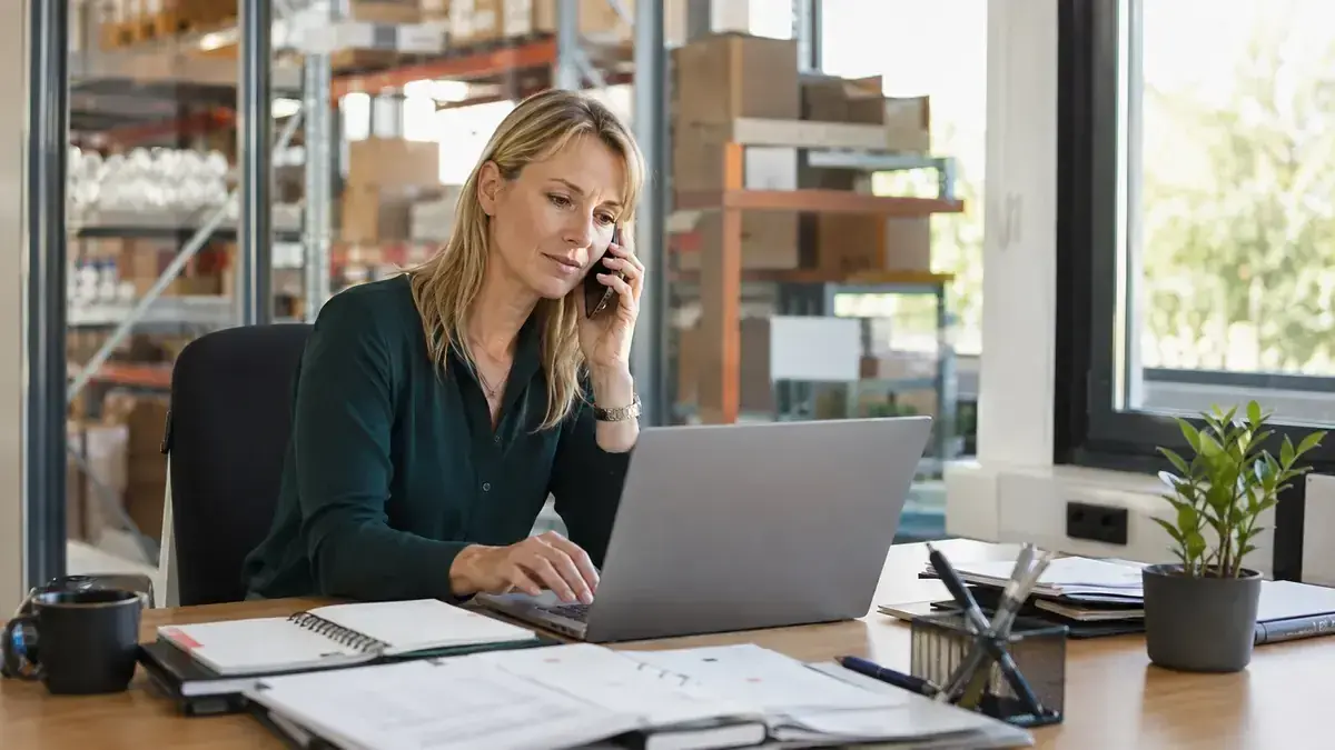 Professional speaking with a customer by phone at a laptop with calendar and deadline marker – editorial image for “Business debt collection in wholesale: how to connect credit limits and payment terms”.