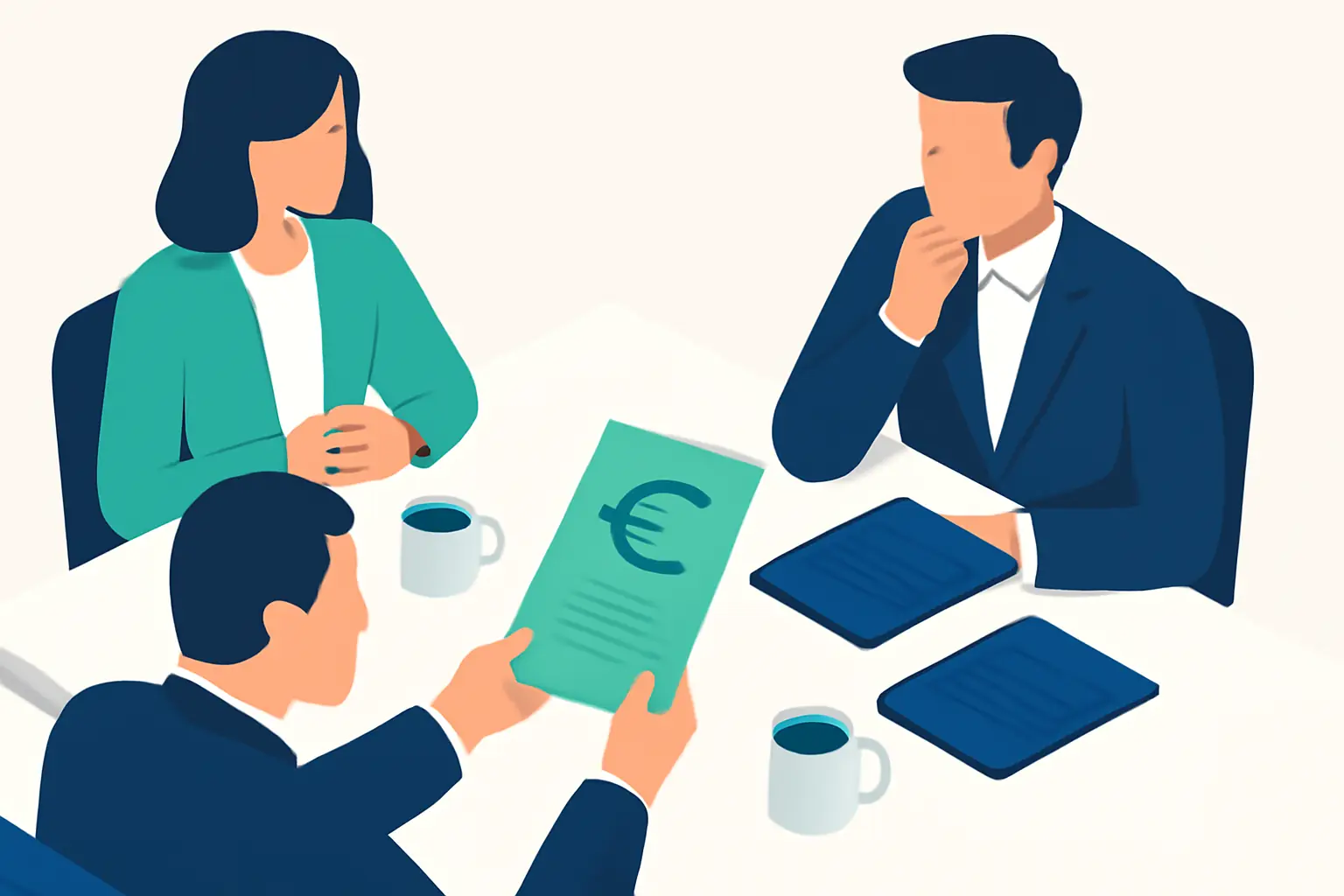 Una mesa de reunión vista desde arriba con cuadernos y tazas de café – imagen sobre el tema Cobro para empresas