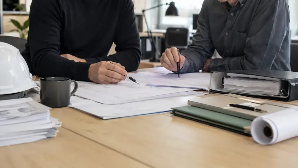 Two professionals jointly reviewing a business case with tools and documentation symbol – editorial image for “Business debt collection in construction: how to document progress payments, acceptances and change orders”.