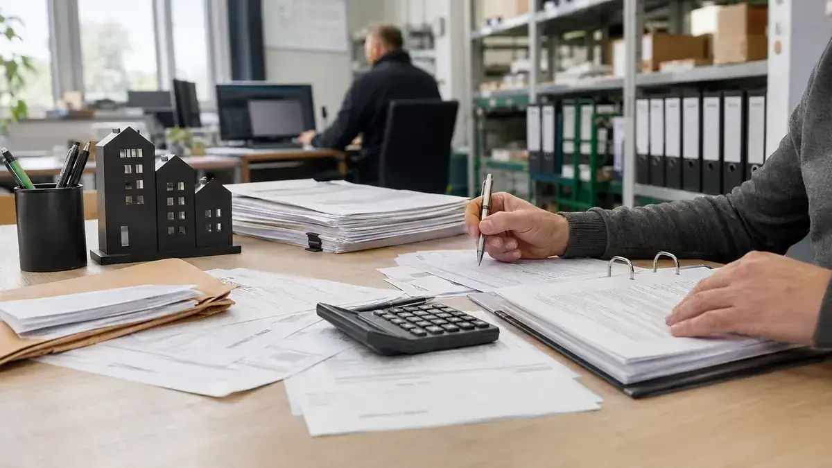 Calculator, receipts and financial records with property and payment symbol – editorial image for “Business debt collection in property management: how to separate rent, service charges and ancillary costs”.