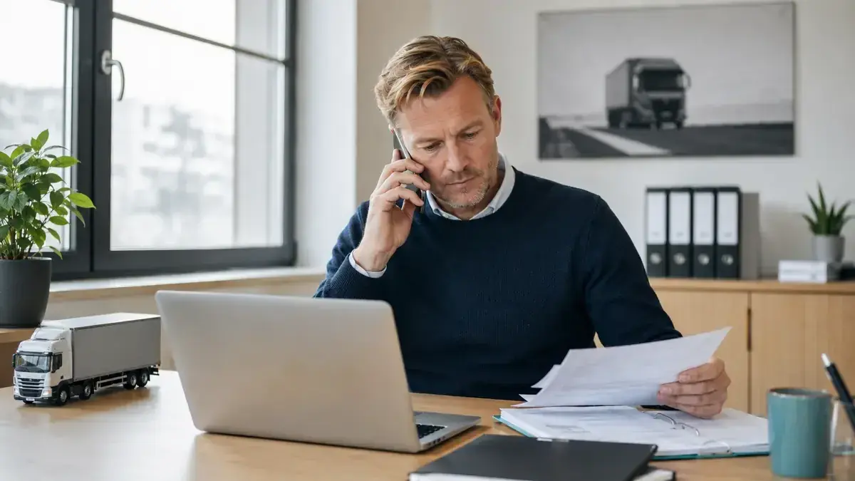Professional in a modern office with a laptop and phone with transport and delivery symbol – editorial image for “Business debt collection in transport and logistics: freight documents as evidence”.