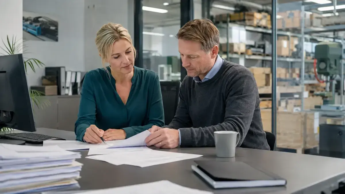zwei Fachleute bei der gemeinsamen Prüfung eines Geschäftsvorgangs mit sachlichem Partnerschaftssymbol – Symbolbild zum Beitrag „Inkasso für Unternehmen intern oder extern: Kosten, Kapazität und Erfolgsquote…
