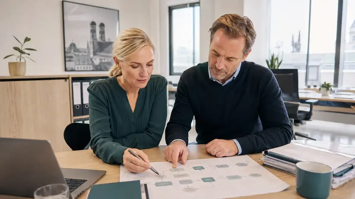 Two professionals jointly reviewing a business case with structured workflow diagram – editorial image for “Business debt collection with multiple locations: how to establish uniform processes”.