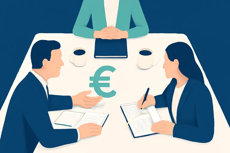 A meeting table from above with notebooks and coffee cups – illustration for the topic Debt collection for businesses