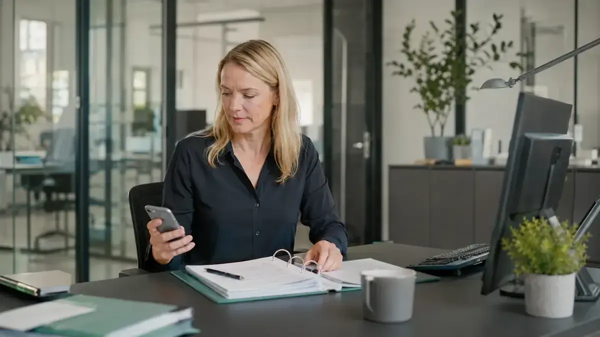 Mitarbeiterin mit Smartphone in einem transparenten modernen Büro mit Cloud- und Abrechnungssymbol – Symbolbild zum Beitrag „Inkasso für Unternehmen mit SaaS- und Abo-Modellen: Wiederkehrende Forderungen skalierbar…