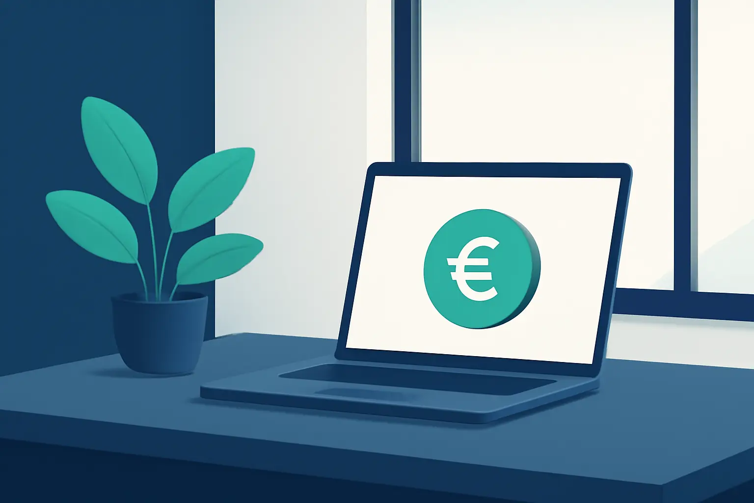 Un rincón de oficina tranquilo con portátil, planta y ventana amplia – imagen sobre el tema Cobro para empresas