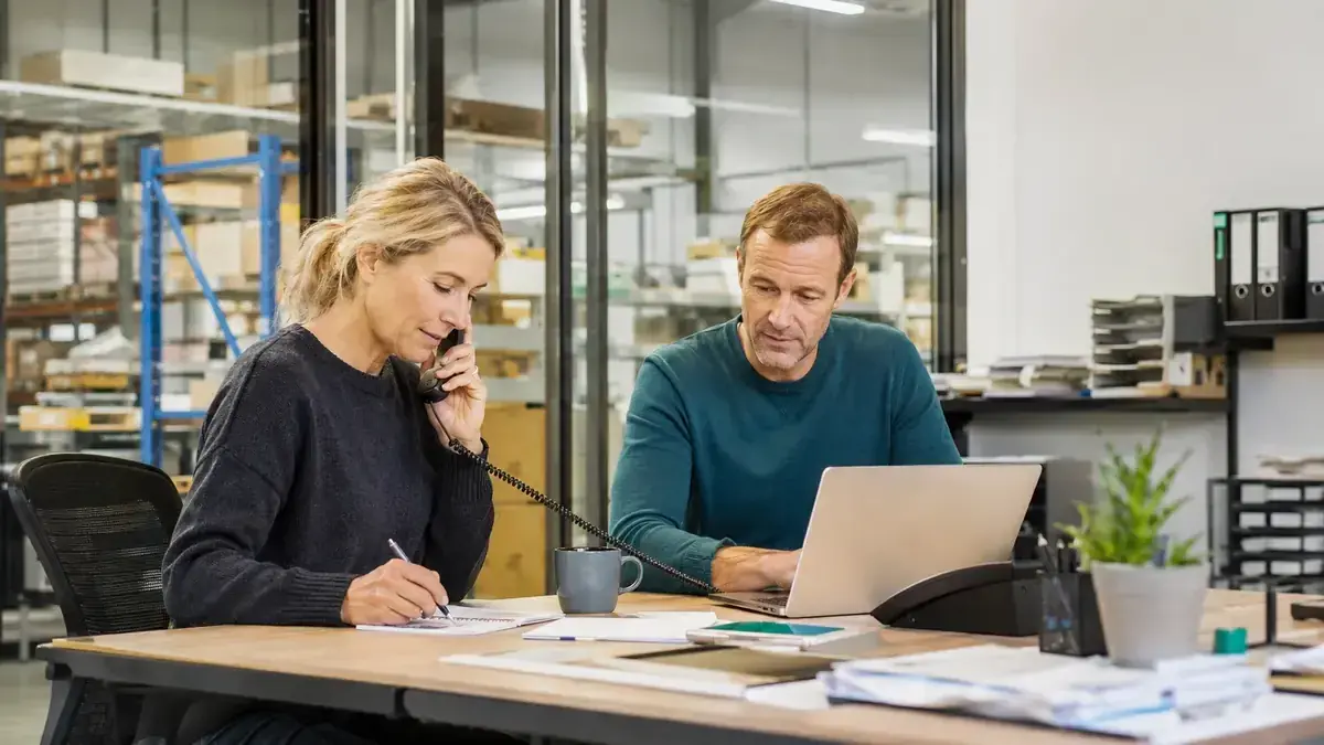 Mitarbeiter im modernen Büro mit Laptop und Telefon mit persönlicher Geschäftskommunikation – Symbolbild zum Beitrag „Inkasso für Unternehmen ohne Kundenverlust: Eskalation mit Augenmaß“.