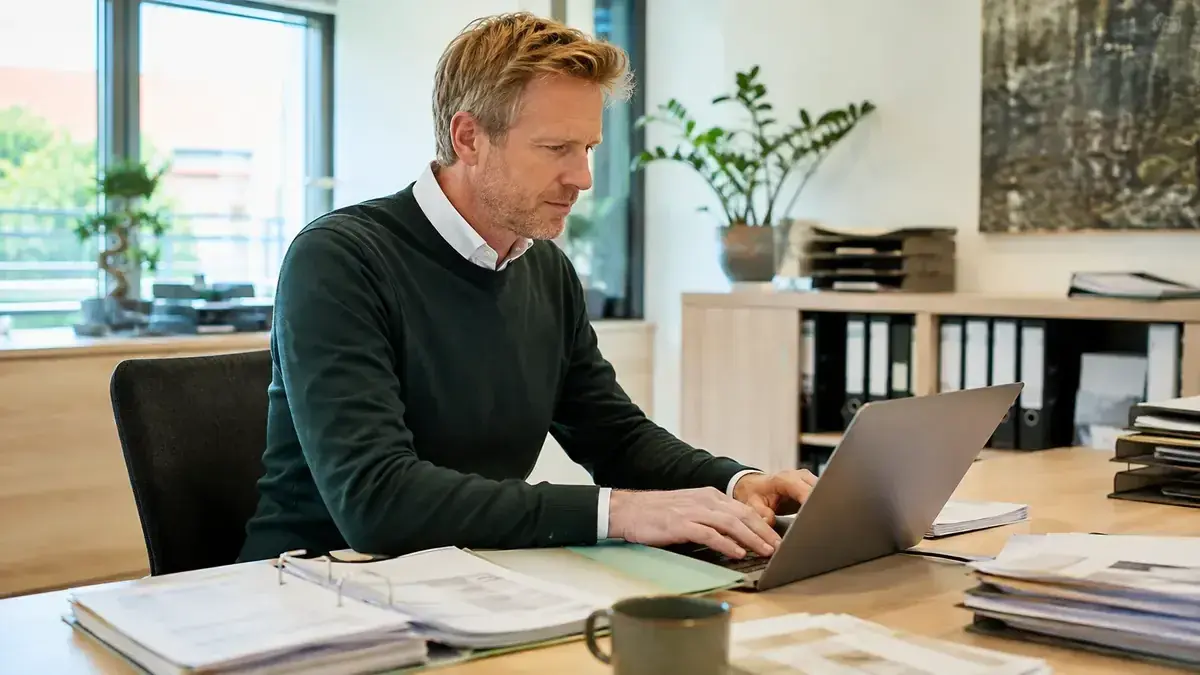 digitale Rechnungserfassung an einem Laptop mit digitalem Prozessnetzwerk – Symbolbild zum Beitrag „Inkasso für Unternehmen per Schnittstelle oder Excel: Welche Übergabe passt?“.