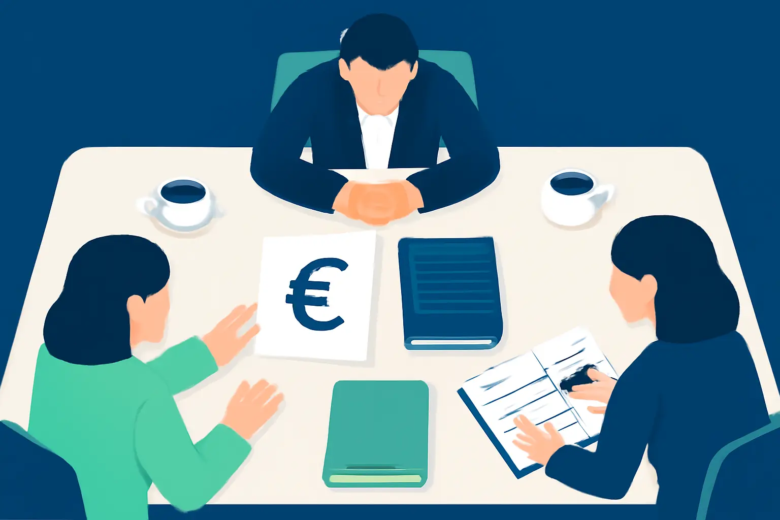 A meeting table from above with notebooks and coffee cups – illustration for the topic Debt collection for businesses