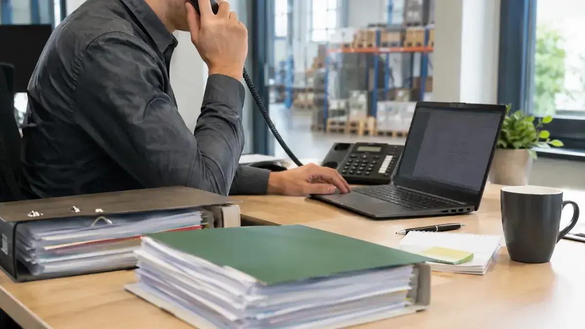 Mitarbeiter im modernen Büro mit Laptop und Telefon mit geordnetem digitalen Forderungsordner – Symbolbild zum Beitrag „Inkasso für Unternehmen: So bereitet die Debitorenbuchhaltung Fälle richtig vor“.