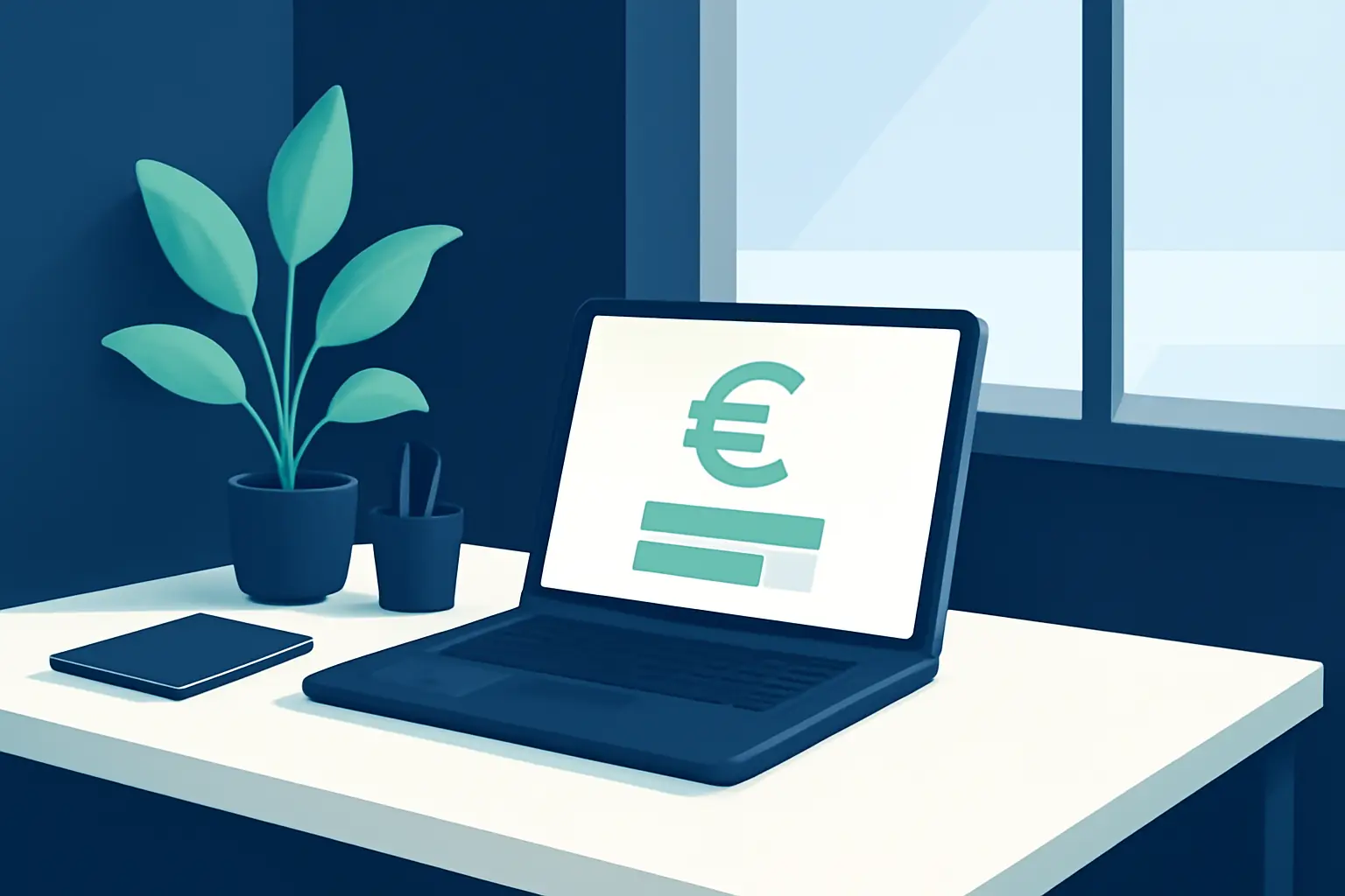 Un rincón de oficina tranquilo con portátil, planta y ventana amplia – imagen sobre el tema Cobro para empresas