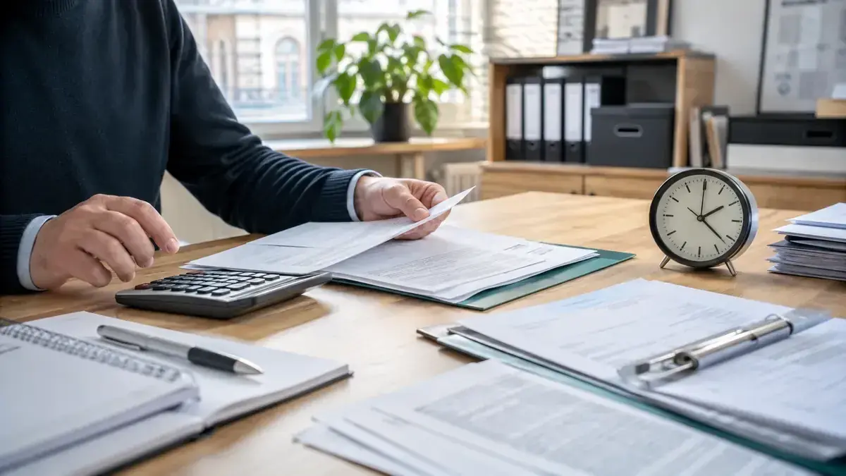 Calculator, receipts and financial records with clock and receivables documents – editorial image for “Business debt collection: how to calculate default interest correctly from July 2026”.