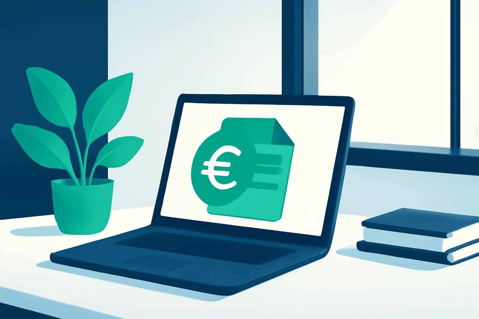 Ruhige Büroecke mit Laptop, Pflanze und breitem Fenster – Symbolbild zum Thema Inkasso für Unternehmen